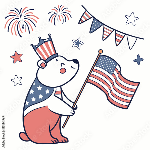 Patriotic Spark colored Bear with a Content touch, placed in a Independence Day (4th of July) theme and styled with with a tiny crown
