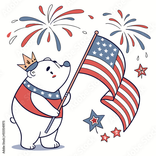 Patriotic Spark colored Bear with a Content touch, placed in a Independence Day (4th of July) theme and styled with with a tiny crown