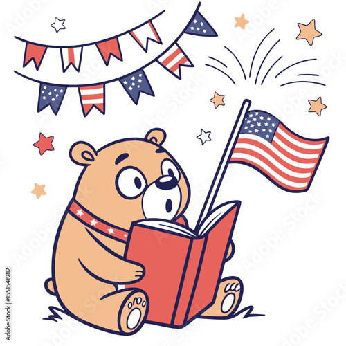 Playful Surprised Bear design, styled with reading a book and Patriotic Spark shades in a Independence Day (4th of July) setting