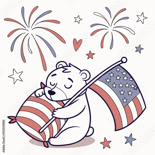 Whimsical Bear feeling Bashful in a Independence Day (4th of July) setting with hugging a pillow – colored in Patriotic Spark