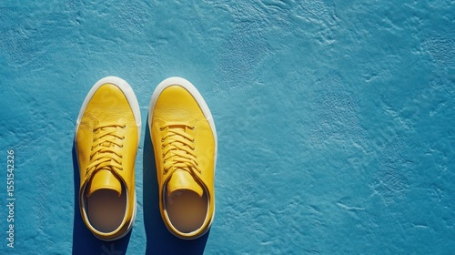 Vibrant Yellow Sneakers on Textured Blue Surface Captured in Artistic Still Life