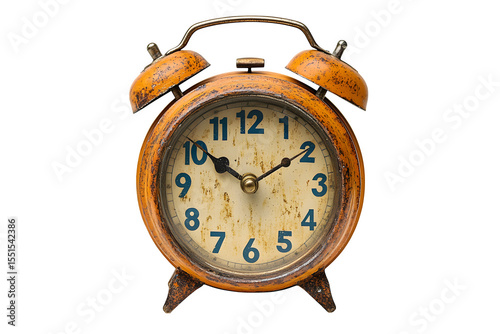 Classic alarm clock ringing with metallic bells retro timepiece isolated on white background