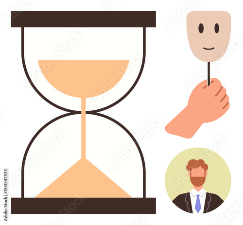Hourglass symbolizing fleeting time, mask held by hand reflecting hidden identity, and businessman portrait suggesting professional life. Ideal for themes of time, dual identity, career, balance