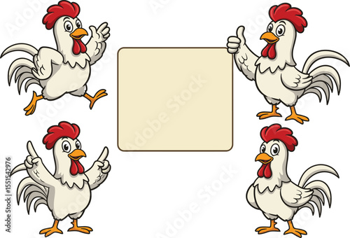 Cartoon chickens with signboard, blank message square, poultry character set, farm animal illustration, funny vector design, text space icon
