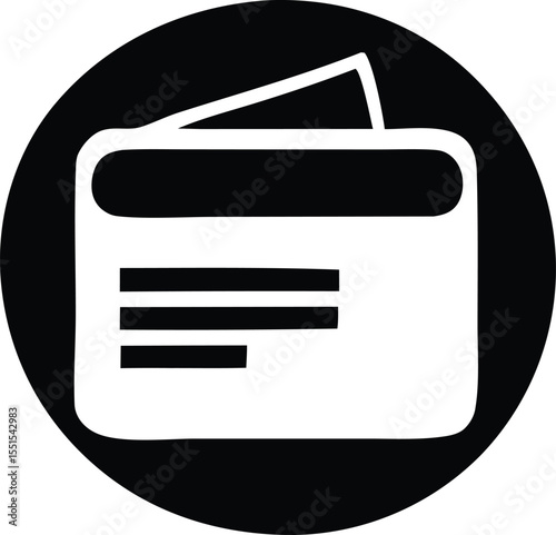 Simple black and white icon depicting a credit card or membership card with text lines inside a circle