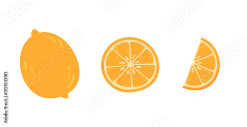 Whole orange, orange slice and orange wedge in flat style.