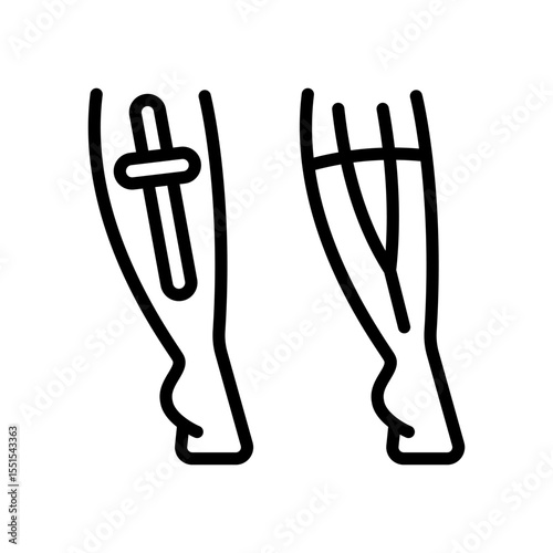 Calf kinesio tape strips outline icon. Elastic therapeutic tape. Muscles swelling and pain reduction. Joints and ligaments support. Isolated contour symbol illustration.