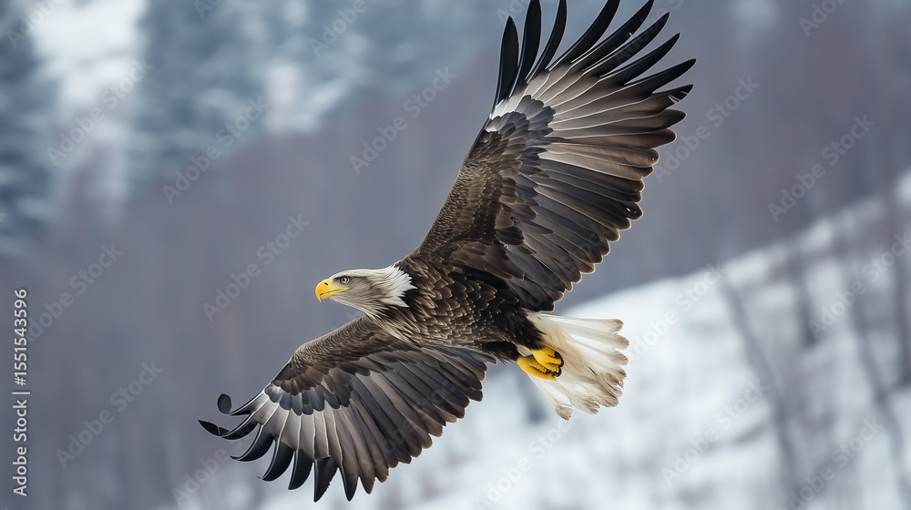 Fototapeta premium Flying Bald Eagle in Winter (겨울에 비행하는 흰머리수리)