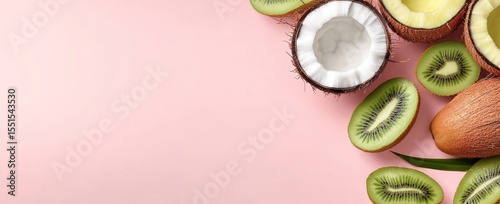 Minimalist summer vibe: Coconuts and kiwis on a pastel pink surface for a fresh look