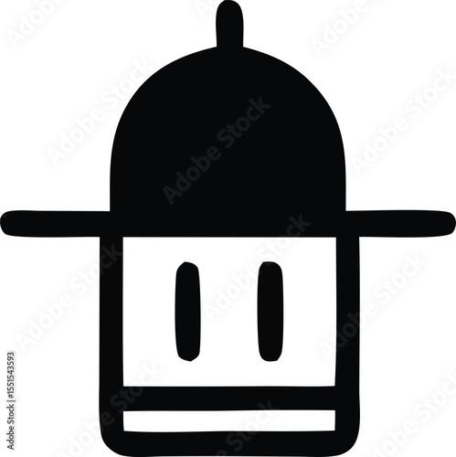 Minimalist black and white icon representing a cooking pot with a lid and two handles evoking a sense of simple culinary preparation