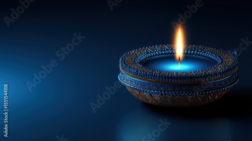 Happy Diwali Glowing oil lamp in shades of blue and gold on dark blue background Lighted wick