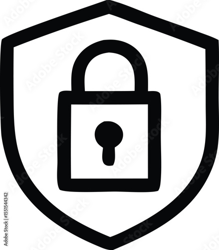 Simple black outline of a shield containing a classic padlock with a keyhole symbolizing security and protection
