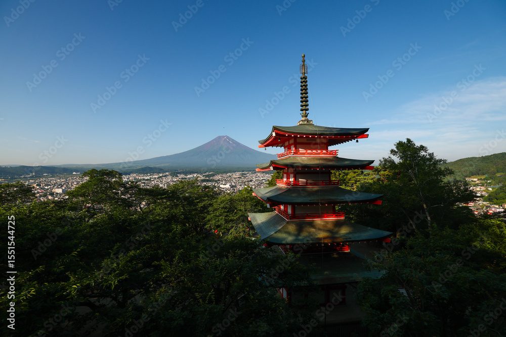 Fototapeta premium Chureito Pagoda overlooking Mount Fuji on a sunny and clear morning in Fujiyoshida, Japan.