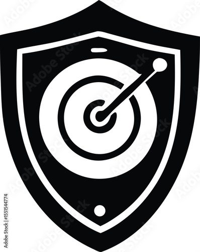Black and white shield emblem featuring a target with a pointer indicating a bullseye symbolizing security and precision