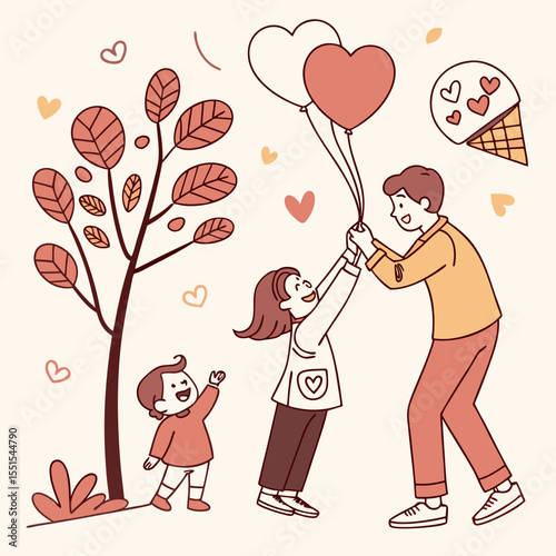 Happy parents. Beautiful greeting card poster, with love and family icons.