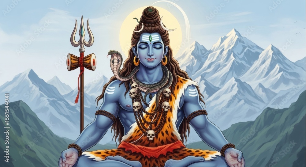 Obraz premium Serene Shiva Meditating in the Majestic Himalayas Surrounded by a Trident and a Snake