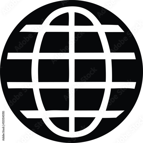 A simple black and white graphic representing a globe with a grid overlay symbolizing global connection and the internet