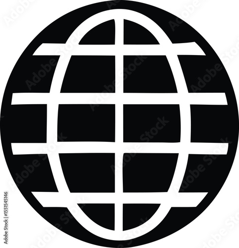 Stylized black and white globe icon with intersecting white lines representing longitude and latitude on a circular background