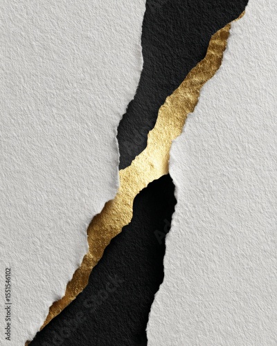 A textured background with a tear effect revealing black and gold beneath a light gray surface.