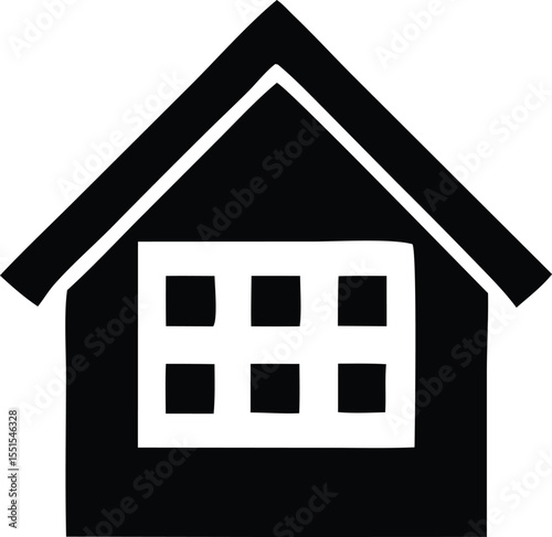 Simple black silhouette of a house with a six pane window and a steep gable roof
