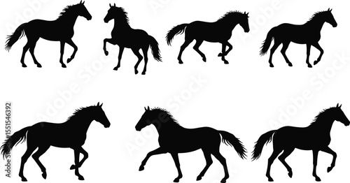 Horse silhouette collection, dynamic equine poses, black vector set, galloping and walking horses, wild animal icons, motion study graphic, elegant stallion illustration
