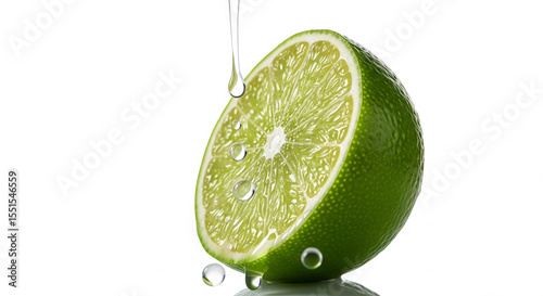 Close up of a fresh lime half with water droplets falling onto it isolated on white background