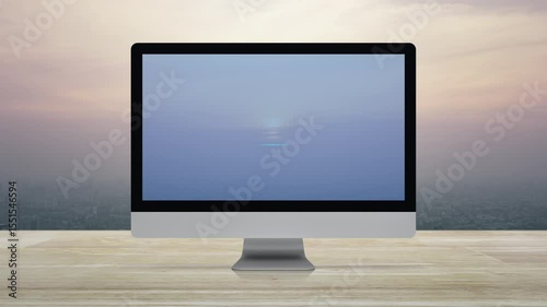 Play button on desktop modern computer monitor screen on wooden table over city tower and skyscraper at sunset, vintage style, Technology music online concept