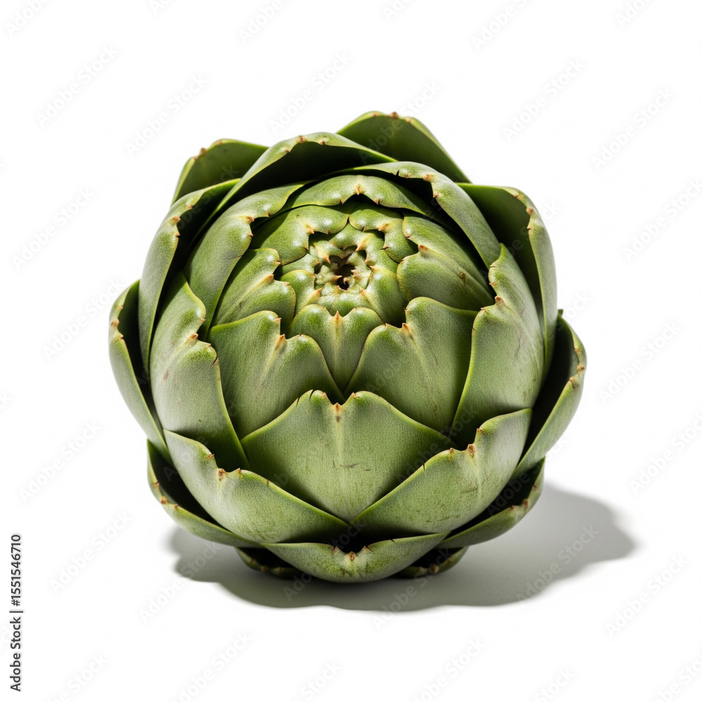 Fototapeta premium Close up of a fresh green artichoke with detailed petals isolated on white background