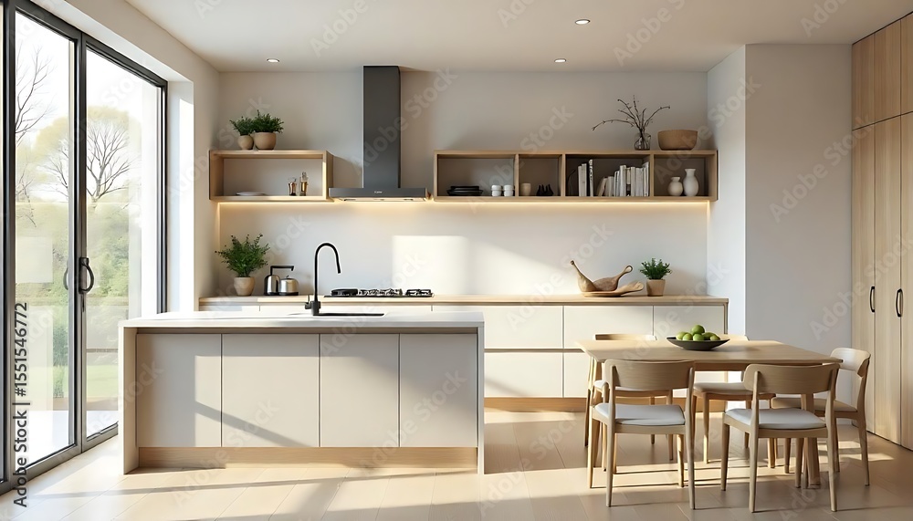 Fototapeta premium Interior of beige kitchen with counters, shelf unit and dining table , Empty classic kitchen, created with generative ai