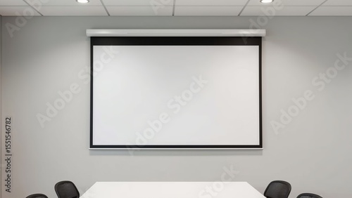 A modern conference room with a large projection screen and white table, designed for professional meetings.