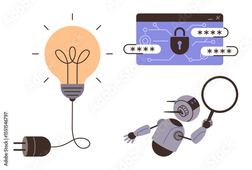 Robot wielding magnifying glass examining cybersecurity, lock icon on password-protected interface, plug-connected lightbulb symbolizing ideas. Ideal for technology, cybersecurity, innovation, AI