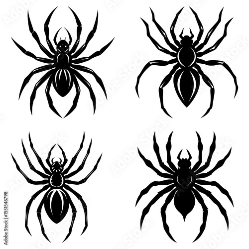 Illustration of four black spiders with detailed legs and body on a white background vector design