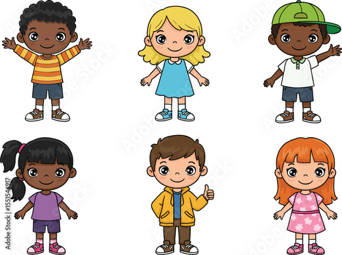 Diverse cartoon children set, cute kid characters, colorful outfits illustration, educational vector design, school friendship theme, standing happy pose graphic