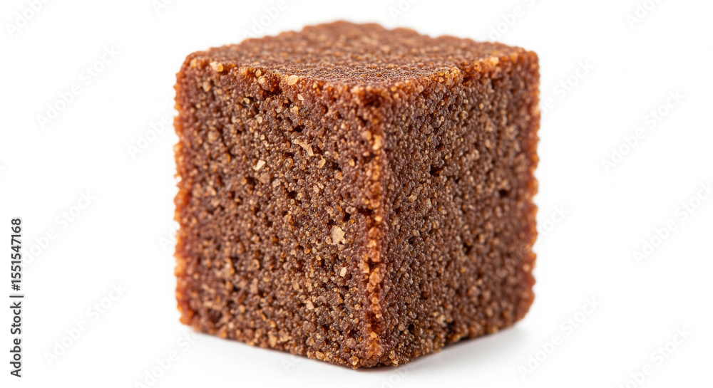 Close up of a single brown cube shaped food item with a textured surface isolated on white background Close up of a single brown cube shaped food item with a textured surface isolated on white background