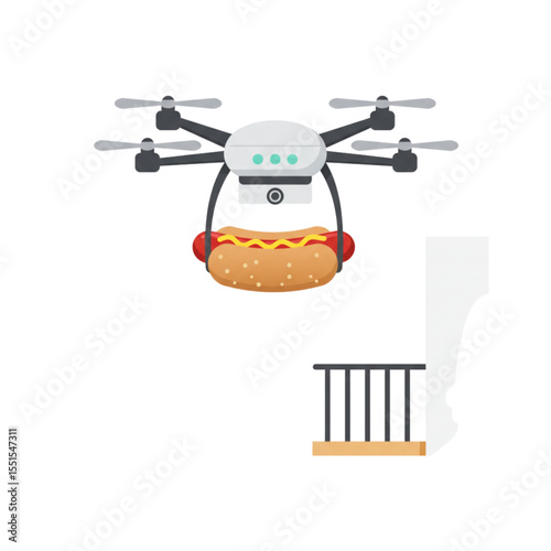 Flat icon of hot dog being delivered by drone to a balcony, isolated  