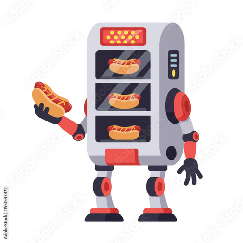 Vending robot offering hot dogs in colorful flat design style  