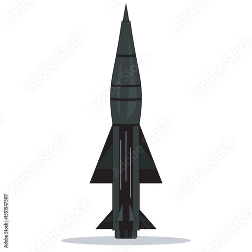 Black military missile vector with aerodynamic fins and pointed warhead, ideal for defense, strategy games, simulation, warfare infographics, and tactical design visuals.