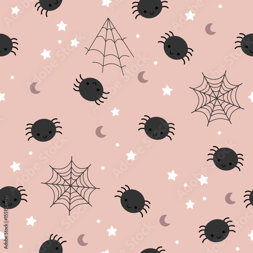 Halloween seamless pattern with spiders and spiderweb. Spooky Halloween vector background