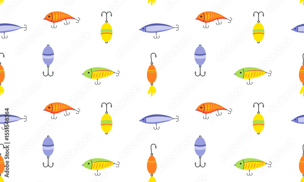 Obraz premium Seamless pattern with fishing lure. Fishing bait. Artificial fish lure in different colors. Angling accessory background. Flat vector illustration