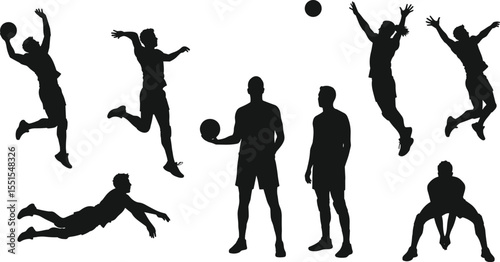 Volleyball silhouette collection, players in motion, dynamic athlete poses, jumping and spiking actions, sports concept vector, team game icon set