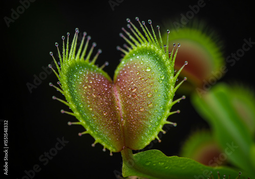 An elegant carnivorous plant with venus flytrap-like features, beautifully designed with gradient petals from deep emerald to bright lime green, gracefully catching mosquitoes in its artistic trap