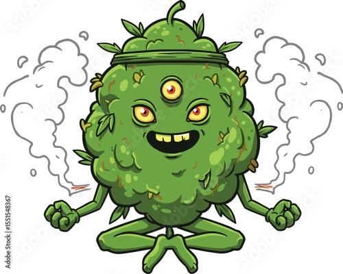 Three-eyed green monster, meditating with joints, humorous cartoon illustration, smoke-filled scene, creative funny character design, playful psychedelic concept, vector artwork icon