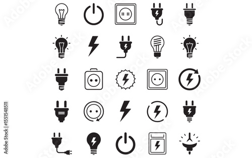 Silhouette Electric Icon Set – Minimal Vector Symbols of Electricity, Power, Energy & Tools