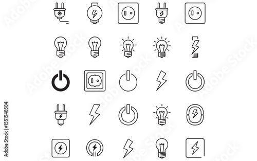 Silhouette Electric Icon Set – Minimal Vector Symbols of Electricity, Power, Energy & Tools