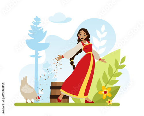 Feed the chickens in the village with mixed feed. A Slavic girl in a red sundress is scattering grains in the yard, caring for poultry. Illustration of proverbs. Retro look in a flat cartoon style
