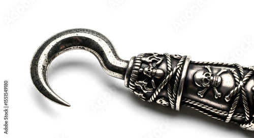 A detailed pirate hook hand accessory with skull, metallic finish on white backdrop