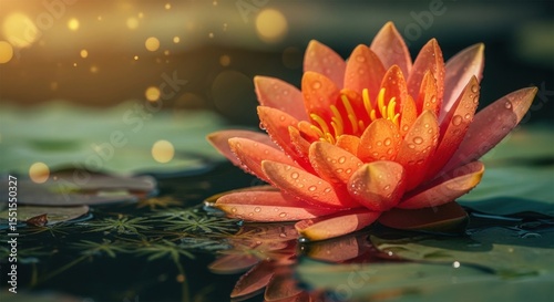 A Beautiful Orange Water Lily Blooms Gently on a Calm Pond Surrounded by Lush Green Lily Pads with Golden Light