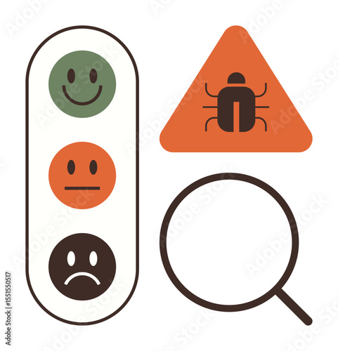 Traffic light with happy, neutral, and sad faces bug warning in triangle magnifying glass. Ideal for customer feedback, quality control, issue detection, problem-solving, software debugging