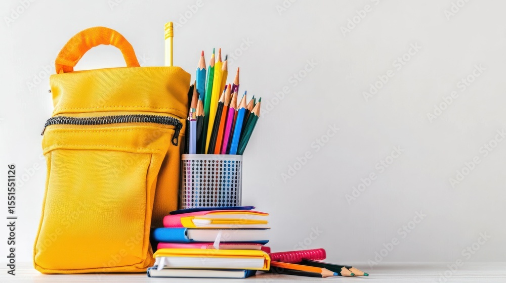 Fototapeta premium Yellow school bag with colorful supplies
