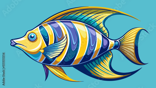 A hand-drawn style illustration of a tropical fish, its body curved in a graceful arc as if it's turning underwater. The pose suggests fluid movement and natural elegance. The style is clean, vibrant,